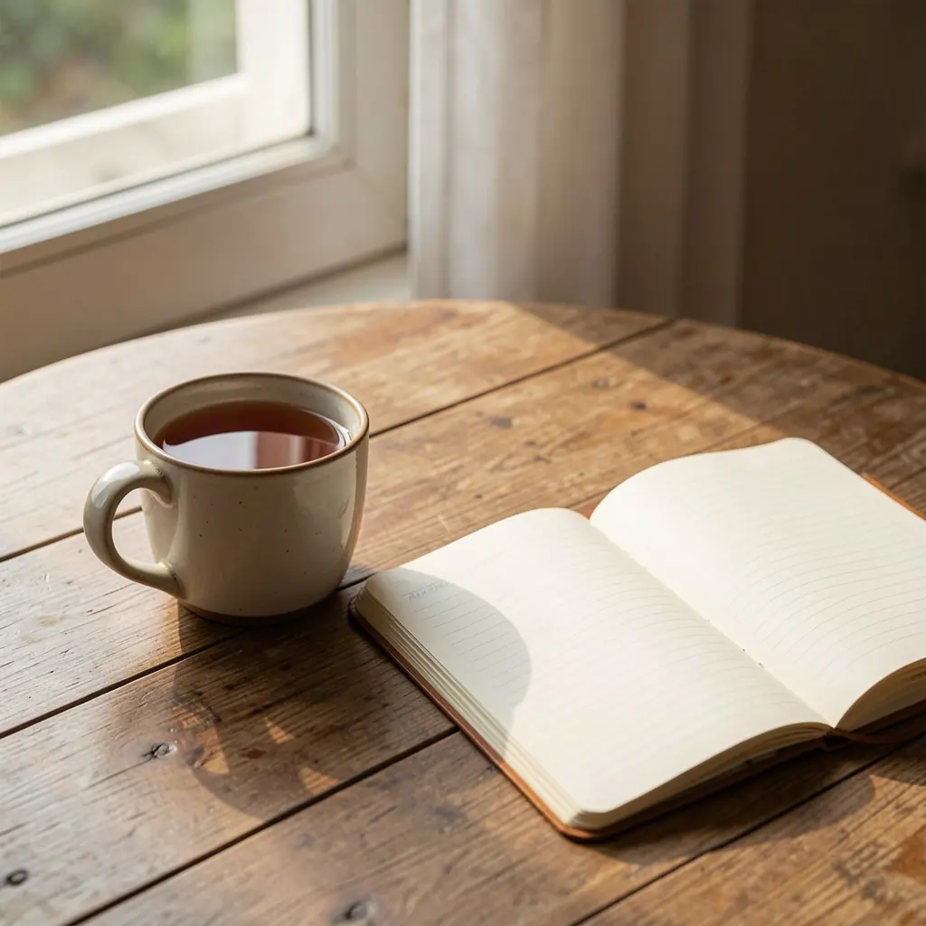 A calm morning scene with a cup of tea and an open notebook on a wooden table
