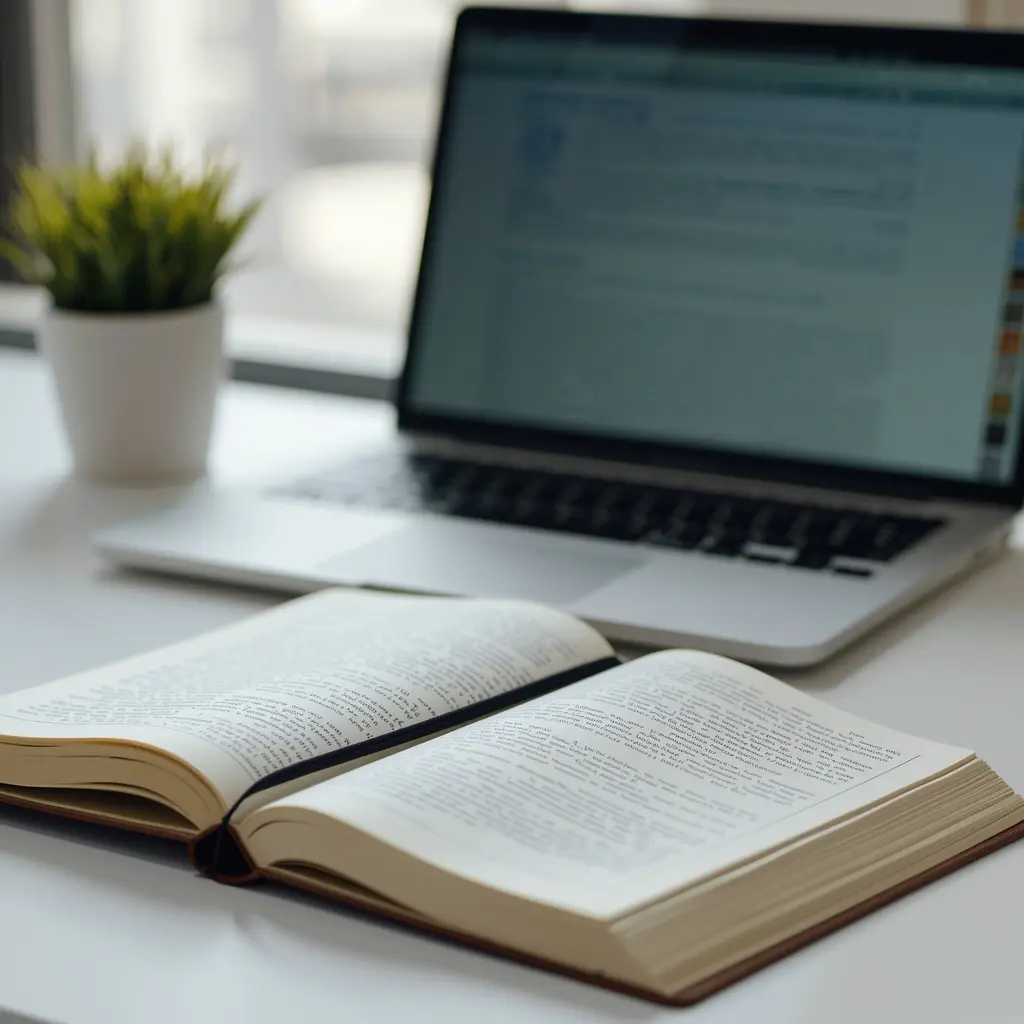 Open book and potted plant on a desk with a closed laptop in the background